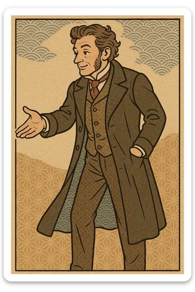 Victorian man in a long coat, reaching out his hand, ukiyo-e style sticker
