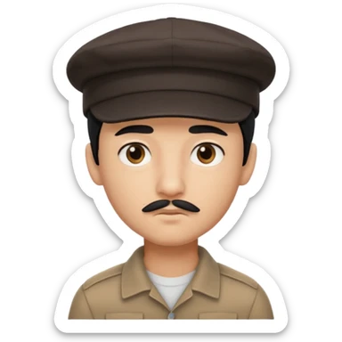 Gere um menino de cabelos preto e boné pro lado com feição séria e bigode fino sticker