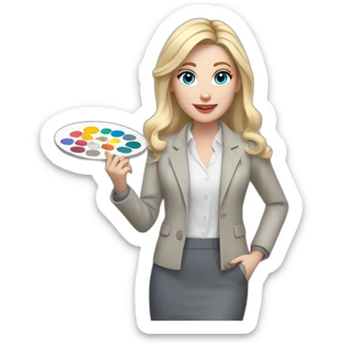 pale skin woman interior designer with cold blonde middle length hair, blue eyes, White blouse, Gray oversize jacket, Gray skirt holding a color palette in the hands sticker