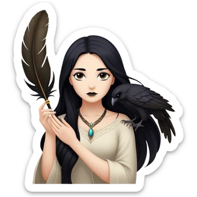Cinematic Realistic Pocahontas Portrait, depicted with lifelike skin texture, soft natural lighting, and intricately detailed long, flowing raven-black hair that moves gracefully in the wind. Her deep, soulful dark brown eyes exude wisdom and strength, complemented by a serene yet powerful expression. She is shown gently holding a feather in one hand, her other hand resting lightly at her side, embodying the harmonious balance between nature and herself. She is dressed in her classic one-shoulder native American dress, with rich fabric textures and delicate beaded details that catch the light beautifully. The portrait features a soft, sun-kissed glow with a natural, radiant finish, capturing the essence of untamed beauty and deep connection to nature in a realistic and painterly style, evoking a sense of depth and authenticity. sticker