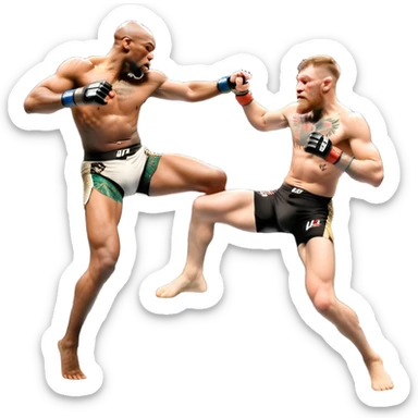 An MMA showdown between Conor McGregor and Anderson Silva in the octagon. McGregor is executing a jumping strike, while Silva skillfully deflects the attack. The background shows the UFC octagon with roaring fans and vibrant energy. Transparent background. sticker