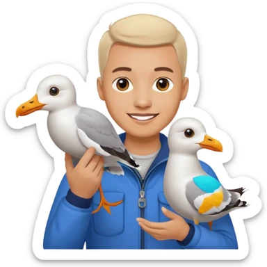 Minimalist emoji-style illustration of a smiling photographer holding a seagull in their hands. Simplified, clean lines, vibrant colors, small size, white background sticker