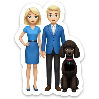 Create an emoticon depicting two people. One person is a tall man with blonde hair and blue eyes. The other is a shorter woman with dark brown hair, brown eyes, and brown skin. Between them, there is a large black poodle standing. sticker