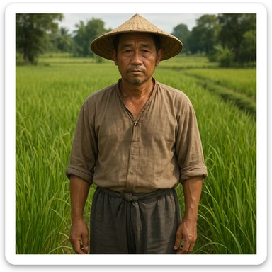 a real peasant man, Asian, straw hat, loose shirt and pants, standing in a rice field, realistic, natural colors sticker