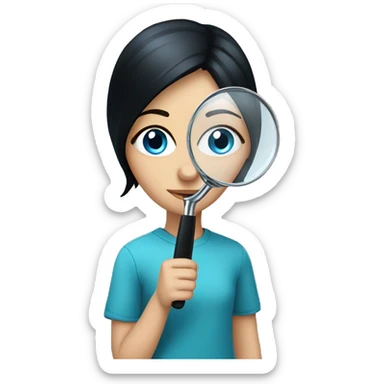 white girl with black hair and blue eyes playing with magnifying glass sticker