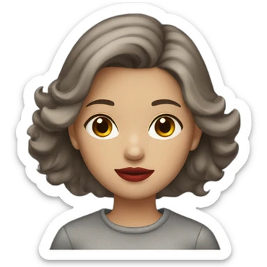 A girl with brown hair, brown eyes, and gray clothes And red lips sticker