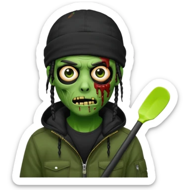 a zombie emoji with black dreads and a black carheartt jacket and black nike ski mask on his head sticker