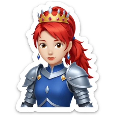 Red Haired Princess, Warrior Princess – fiery red ponytail, silver armor over royal dress, confident stance, silver crown sticker