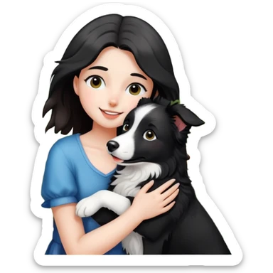 A girl happily hugs a black and white border collie in the flowers sticker