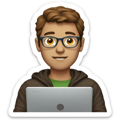 man blue eyes and short brown hair with clear glasses at his laptop sticker
