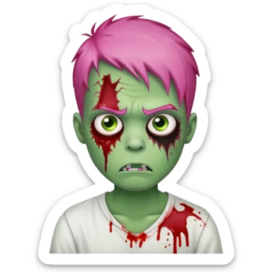 green zombie boy with blood with scratchesi, pink hair and eyebrows, and a white shirt and make him mad sticker