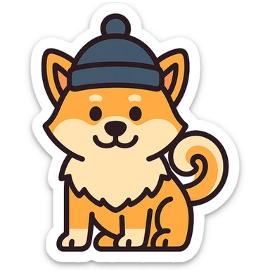 Akita Inu with a curled tail and a hat on its head, keep the current style, transparent background. sticker