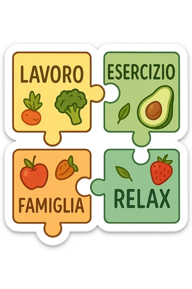 Puzzle (Lavoro, Esercizio, Famiglia, Relax), and healthy foods are integrated into each piece. in italiano sticker