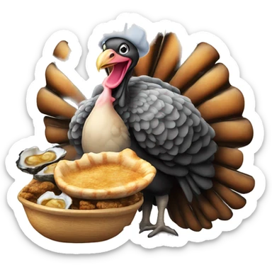 Turkey holding slice of black toasted bread with pan of oysters, fire sticker