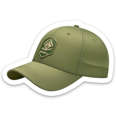 Army green Diesel cap, baseball hat with Diesel brand logo visible, khaki colored headwear, side view sticker