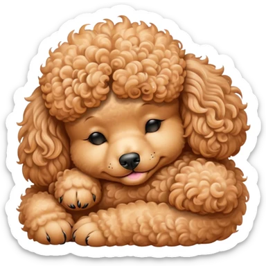Meme-Worthy Cute Sleeping Apricot Poodle Portrait Emoji, Head resting peacefully with a contented smile, showcasing a delightfully elegant build and a luxuriously soft, curly apricot Fur, eyes shut in a serene nap, Simplified yet hilariously adorable features, highly detailed, glowing with a soft, drowsy light, high shine, relaxed and utterly lovable, stylized with an air of playful laziness, bright and heartwarming, soft glowing outline, capturing the essence of a comically sleepy companion, so meme-worthy it feels like it could instantly become the next viral sensation of adorable slumber! sticker