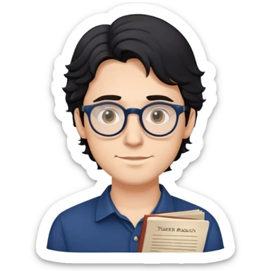 Young caucasian man with slightly longer wavy black hair, round glasses, dark blue shirt, holding a theater program sticker