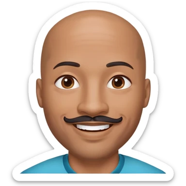 Oxumarê as a very happy smiling 37-year-old bald Black man with smooth oval head, indigenous facial features, mustache with goatee (no hair on sides of face), contour from chin to lips, and a beauty mark on left side below lip, Memoji style sticker