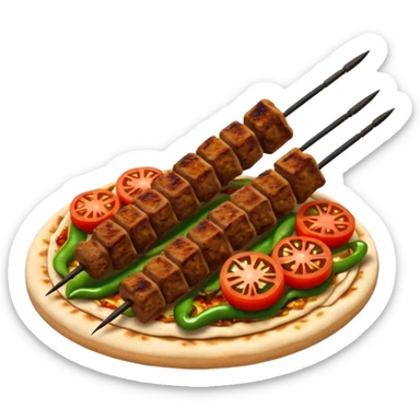 Adana kebab object icon, spicy grilled minced meat skewer, served on flatbread, grilled tomatoes and green peppers on the side, smoky char marks, juicy texture, 3D cartoon, mobile game icon style, centered, clean background, no text, no watermark
 sticker