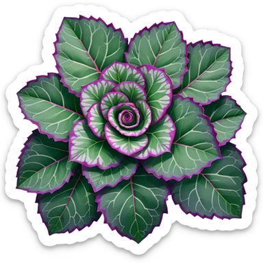 Top-down view of Begonia Rex plant showing spiral leaf patterns from above, dark green leaves with purple edges and white spots sticker