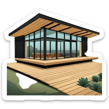midcentury modern house with 1000 sqft and all windows and a sliding windows on corner. Single story. High ceilings, black and vertical wood slats for outside walls of home. Wood deck with complementary but different wood and shade from larger wood slats. With overhanging shade and slats. sticker