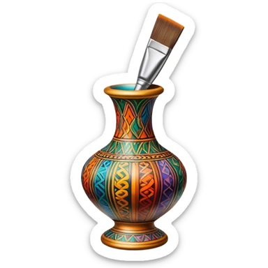 Metal painting icon, fine paintbrush painting a detailed metal statuette or vase with bright, vivid colors, visible strokes and intricate patterns, no finished artwork, just the painting process, minimalistic style, clean lines, transparent background. sticker