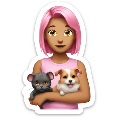 Animal lover girl, dog plus cat tan skin pink hair hamster, rats sticker