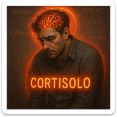 semi-realistic, moody lighting; man around 30 years old, signs of chronic stress (tired eyes, tense, curved), glowing symbols 'Cortisolo' in Italian, orange-red aura; blurred background with Italian words: 'bollette', 'scadenze', 'lavoro', 'traffico', 'notifiche'; visible brain with red-orange neural activity, surreal symbolism sticker
