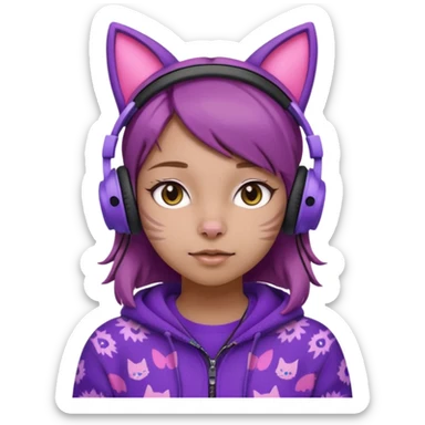 une fille avec des écouteurs de chat rose et des cheveux brun qui est crazy  chandaille mauve  sticker