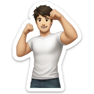 dark haired white young man in white t-shirt raising both fists high over head in victory sticker
