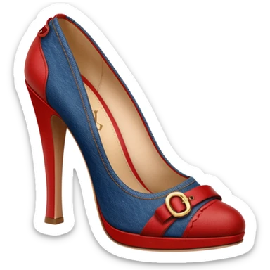 Louis Vuitton denim, red, brown, high heel pumps, rendering, detailed sticker