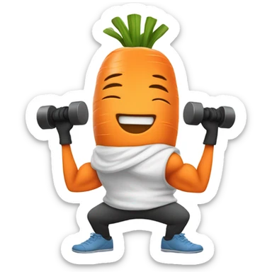 Generate an energetic carrot emoji wearing a sweatband, lifting tiny dumbbells, and looking motivated. sticker
