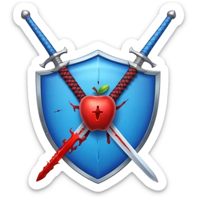 shiny vibrant blue round shield with a vertical sword behind it, blood effect on the sword, apple emoji style sticker