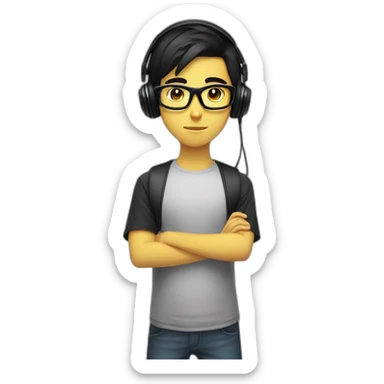 teenage gamer boy with black hair and black glasses and yellow gamer headphones. sticker