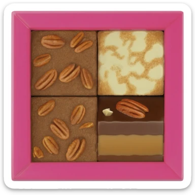 a pecan brownie, cheesecake brownie and turtle brownie in a pink box sticker