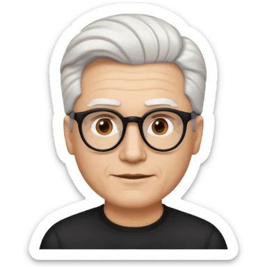 A man emoji with light skin, white hair styled in thick, swept-back waves, straight dark eyebrows, brown eyes behind black-framed glasses, an oval-shaped face, a small nose, and a subtle smile with no facial hair. sticker