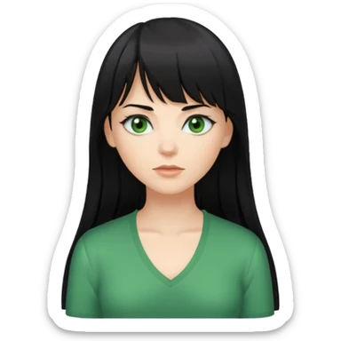 A white woman with Long straight hair with bangs, black hair, green eyes and a low-cut shirt sticker