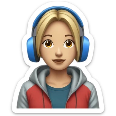 Lo-fi girl studing headphones, blue jacket, red hoodie sticker
