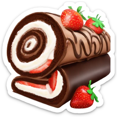 Chocolate Swiss roll birthday cake, with sliced strawberries and pipped cream swirls on top  sticker