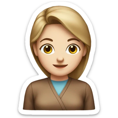 white girl in brown apron with gift box sticker