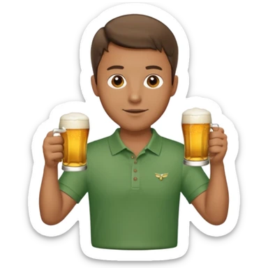 Handsome. Male. Happy. Brown short hair. Wearing golf shirt and shorts. Drinking beer. Cheersing sticker