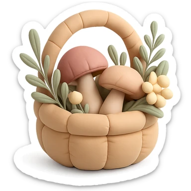 basket full of forest goodies with mushrooms, herbs, flowers in soft pastel colors, cushion style sticker