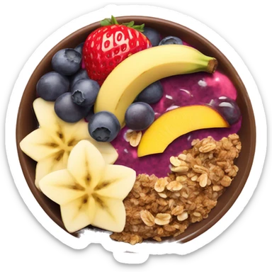 Açai bowl with granola sliced banana strawberry mango on top sticker