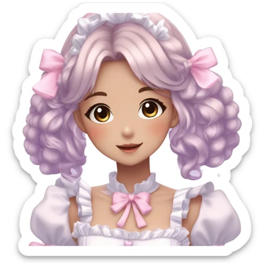 Gorgeous anime style lady blushing face maid outfit Lolita idol model colorful shiny sparkle kawaii pastelcore cottagecore pearly petite simplistic aesthetic trending style sticker