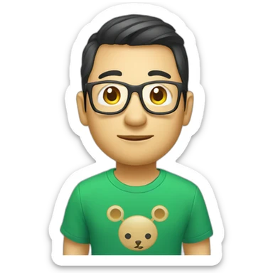 Chinese web developer, with glasses and a Vue.js logo T-shirt sticker