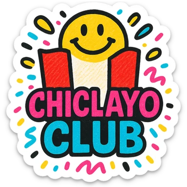 cheerful colorful logo for 'Chiclayo Club' with Peruvian flag colors and confetti party motifs, radiating happiness and community, lively modern style text 'Chiclayo Club' sticker