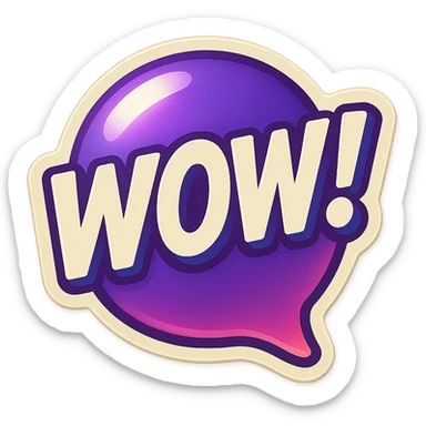 Purple bubble with white text saying "WOW!" sticker