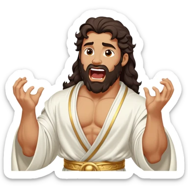 Cinematic Realistic Hercules Portrait, head tilted slightly with a dramatic, wide-open yawn, revealing a moment of relaxed, unguarded strength. His bronze, sculptural skin and thick, wavy dark hair retain their classical beauty even in repose. Draped in a gracefully flowing white robe with subtle golden details, the portrait is bathed in soft natural lighting, capturing a tender glimpse of vulnerability from a timeless Greek hero. sticker