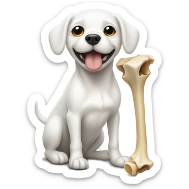 A tiny white three legged dog with a giant bone  sticker