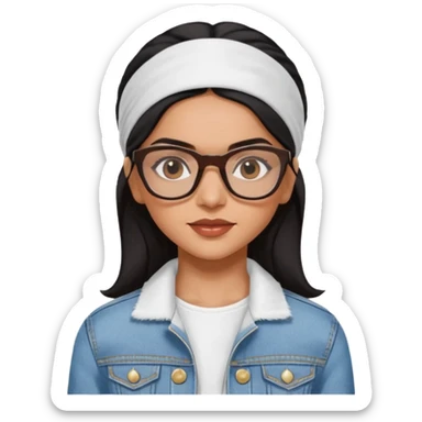generate a pretty bratz emoji 
Make her wear a white dress with a denim jacket over it. black hair side part with a white headband

She should look exactly  like Deepika padukone. wearing rectangular spectacle sticker